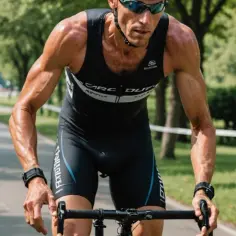 Zawodnik podczas etapu kolarskiego triathlonu olimpijskiego, zdeterminowany, by pokonać rywali.