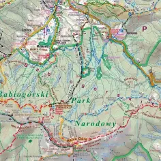 Beskid Żywiecki szczyty: Babia Góra, Mała Babia Góra, Lackowa, Jałowiec. Mapa turystyczna z zaznaczonymi szlakami i punktami widokowymi.