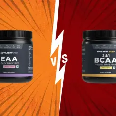 Dwa suplementy: Nutrabay Pro EAA z elektrolitami (smak liczi) i Nutrabay Gold BCAA 2:1:1 z elektrolitami (smak ananasowy).