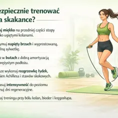 Kobieta skacze na skakance, spalając kcal. Wskazówki dotyczące bezpiecznego treningu: ląduj miękko, napnij brzuch, używaj amortyzujących butów.
