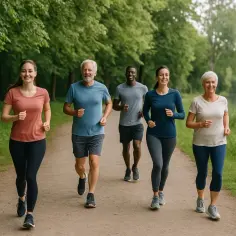 Grupa ludzi w różnym wieku cieszy się wspólnym, spokojnym bieganiem (slow jogging) ścieżką w parku, nad wodą.