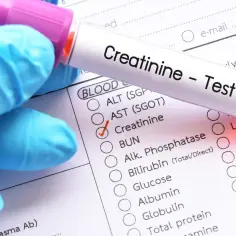 Rękawiczka medyczna trzyma probówkę z napisem "Creatinine - Test". Zaznaczono pole "Creatinine" na formularzu badań. Badanie kreatyniny na czczo.