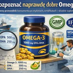 Buteleczka Omega-3, rybak, naukowiec w laboratorium, certyfikaty GMP, IFOS, MSC.