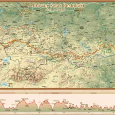 Mapa przedstawiająca Główny Szlak Beskidzki, biegnący przez malownicze pasma górskie od Ustronia do Wołosatego.