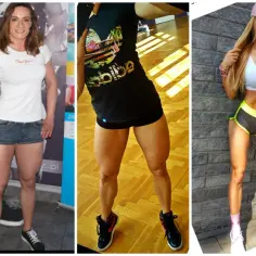 Trzy kobiety prezentujące wyrzeźbione nogi. Widać wyraźne efekty ćwiczeń, w tym przysiadów, które kształtują mięśnie.