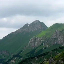 Majestatyczne zbocza górskie Tatr Bielskich, z najwyższym szczytem Tatr Bielskich w tle, pokryte zieloną trawą i skalistymi formacjami.