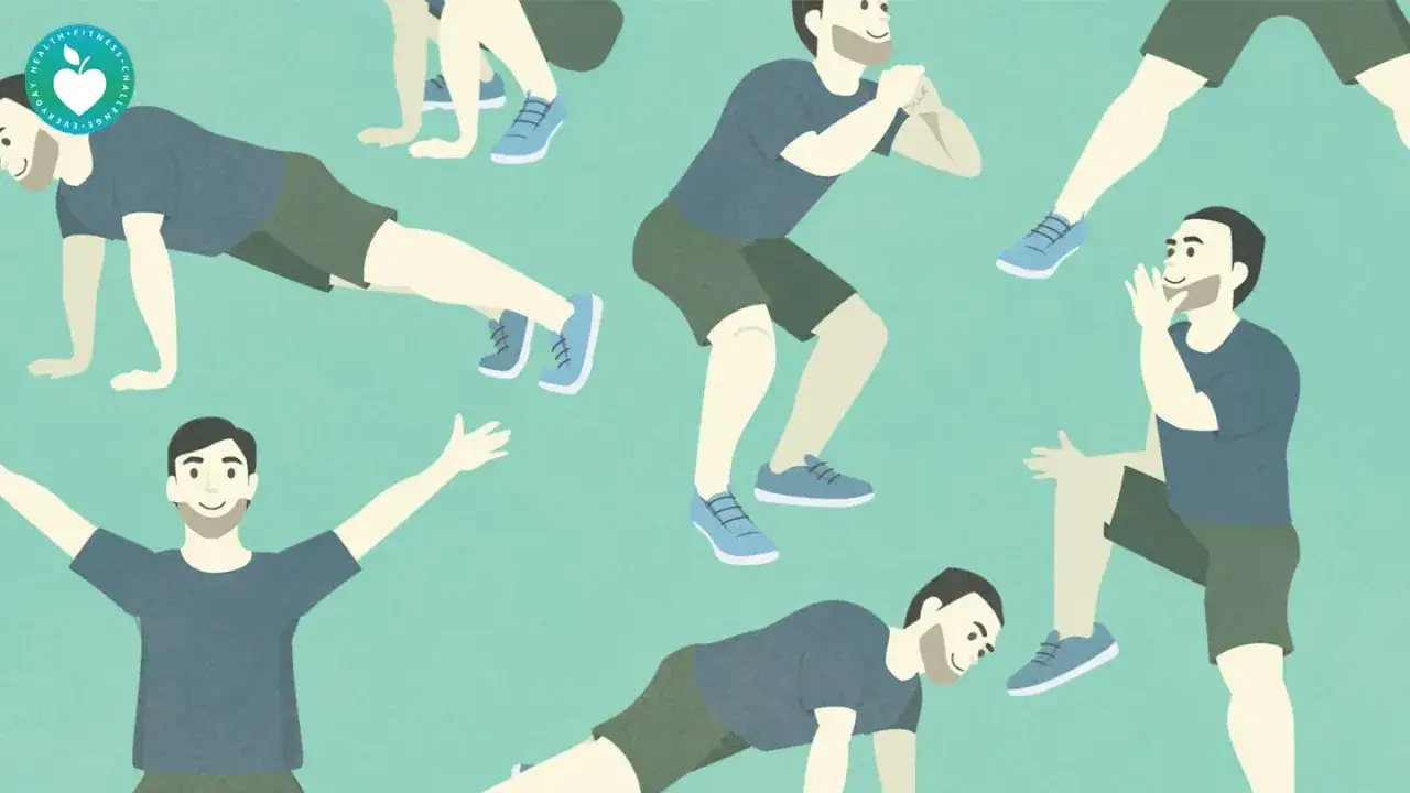 Ilustracja pokazuje mężczyzn wykonujących różne ćwiczenia, w tym pompki i przysiady, które pomagają pozbyć się oponki na brzuchu.