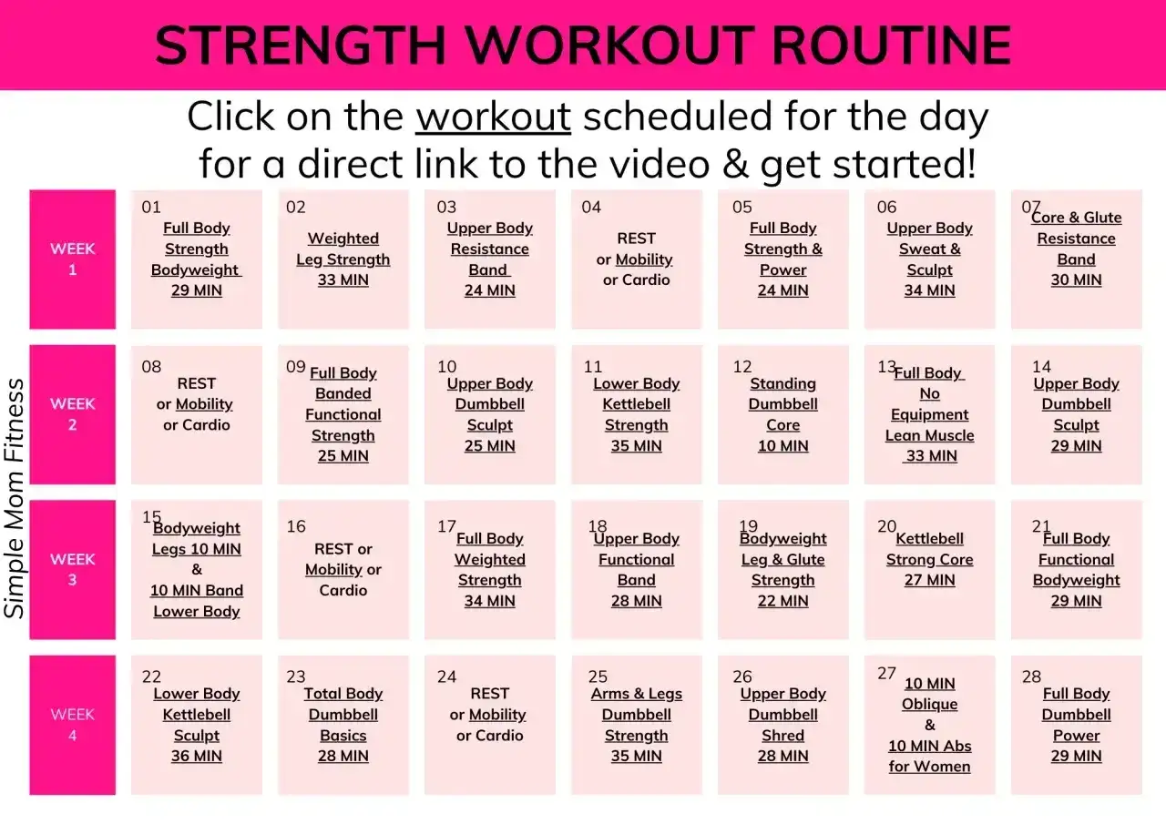Plan treningowy Simple Mom Fitness na 4 tygodnie. Codzienne ćwiczenia, od redukcji tkanki tłuszczowej po budowanie siły.