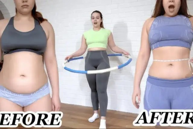 Kobieta z hula hop, porównanie sylwetki przed i po 2 tygodniach ćwiczeń. Widać różnicę w talii.