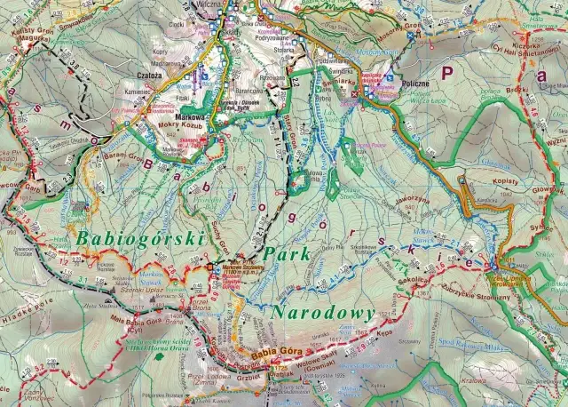 Beskid Żywiecki szczyty: Babia Góra, Mała Babia Góra, Lackowa, Jałowiec. Mapa turystyczna z zaznaczonymi szlakami i punktami widokowymi.