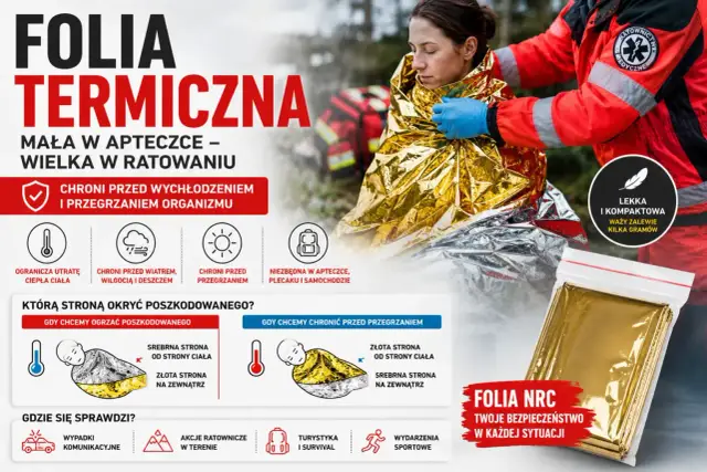 Folia nrc apteka - złota folia termiczna ratuje życie, chroniąc przed wychłodzeniem i przegrzaniem. Niezbędna w apteczce i w każdej sytuacji kryzysowej.